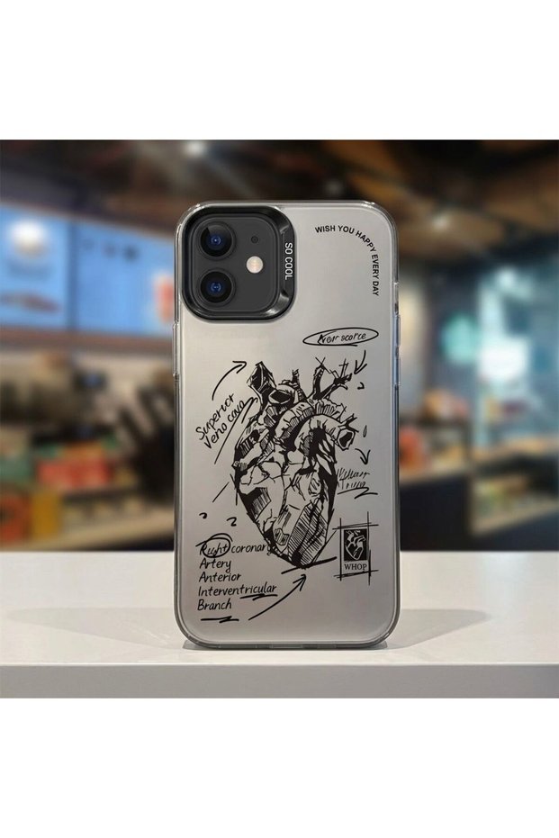 iPhone 12-12 Pro Compatible Anatomical Heart Print Pattern Shock-Absorbing Phone Case Mk01A