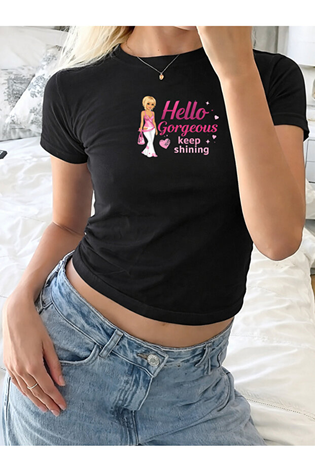 Hello Gorgeous Printed Black Belted Crop T-Shirt