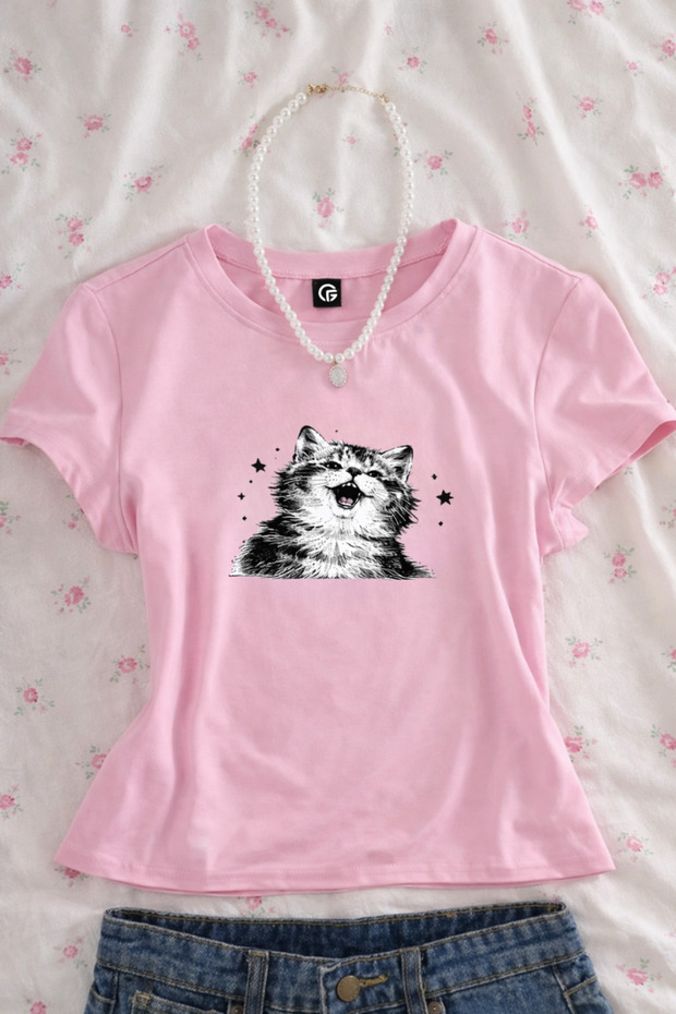 Angry Cat Face Printed Belt Length Pink Crop
