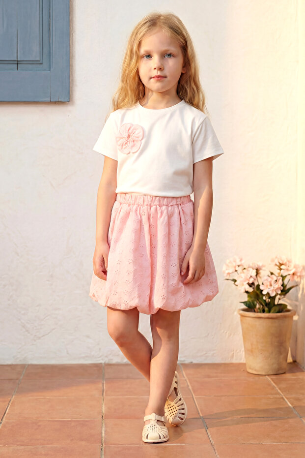 Girl's Top and Bottom Set with Summer Balloon Skirt in Pink