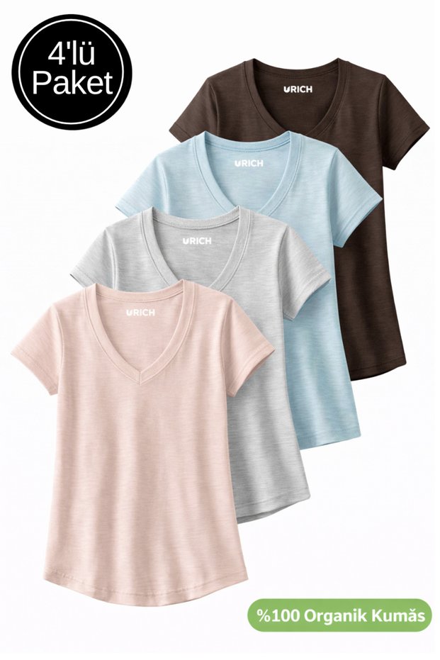 Women's 4-Pack Powder-Grey Melange-Light Blue-Brown 100% Organic Cotton T-Shirt V-Neck T-Shirt
