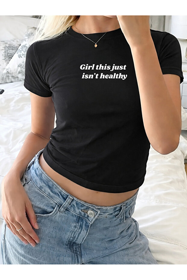 Harajuku Girl This Just Isn'T Healthy Printed Black Belted Crop T-Shirt