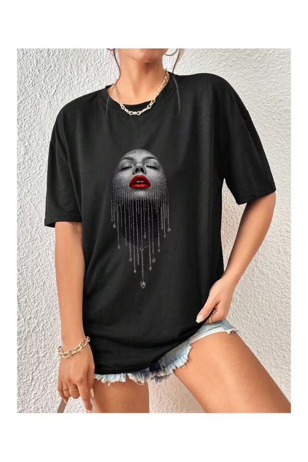 Women's Design Face Printed Oversize Casual T-Shirt