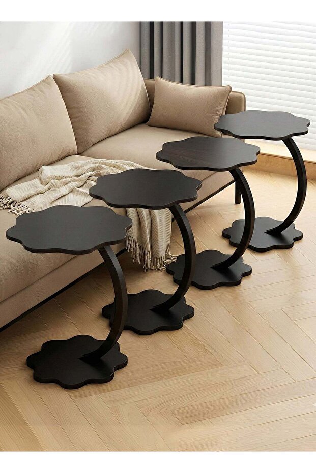 طاولة جانبية على شكل حرف C مكونة من 4 قطع، تصميم عصري مع سطح خشبي وإطار معدني مقاس 60 × 40 سم - أسود