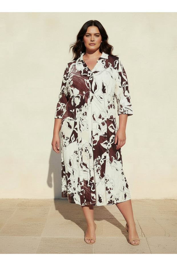 Plus Size Printed A-line Women Dress with Collar