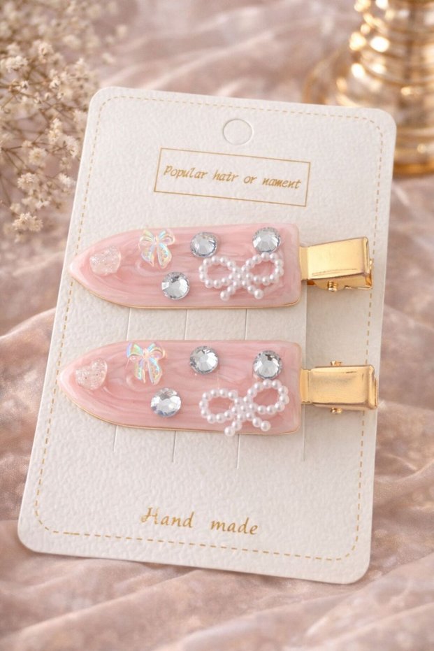 Hei Pink Butterfly Detailed Pearl Stone 2-Piece Luxury Hair Clip Set