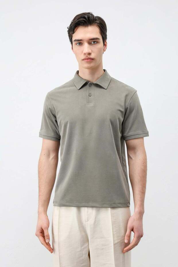 Khaki Lyocell Blended Polo Collar Men's T-Shirt