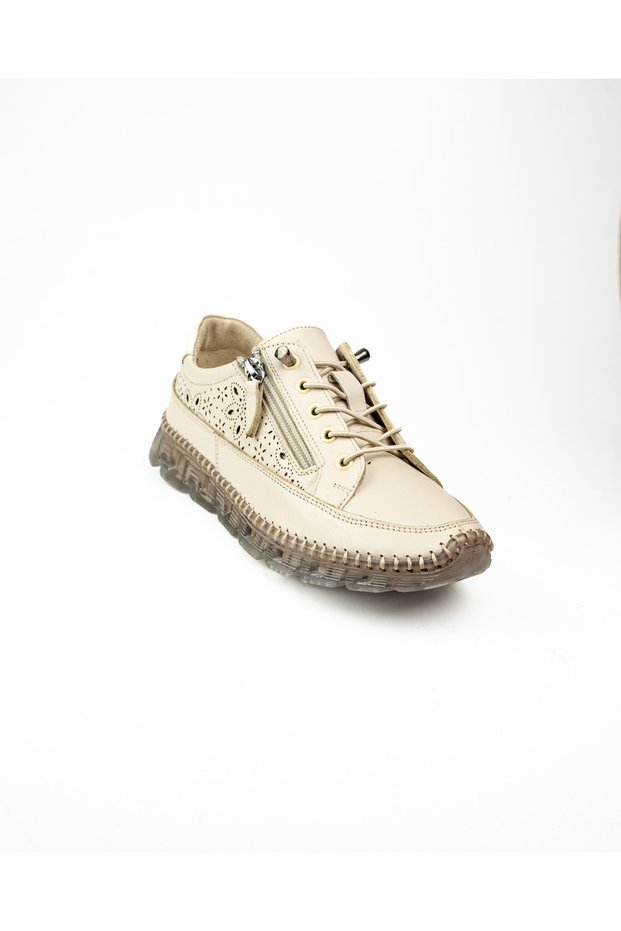 0009 Beige Leather Zippered Casual Women's Shoes