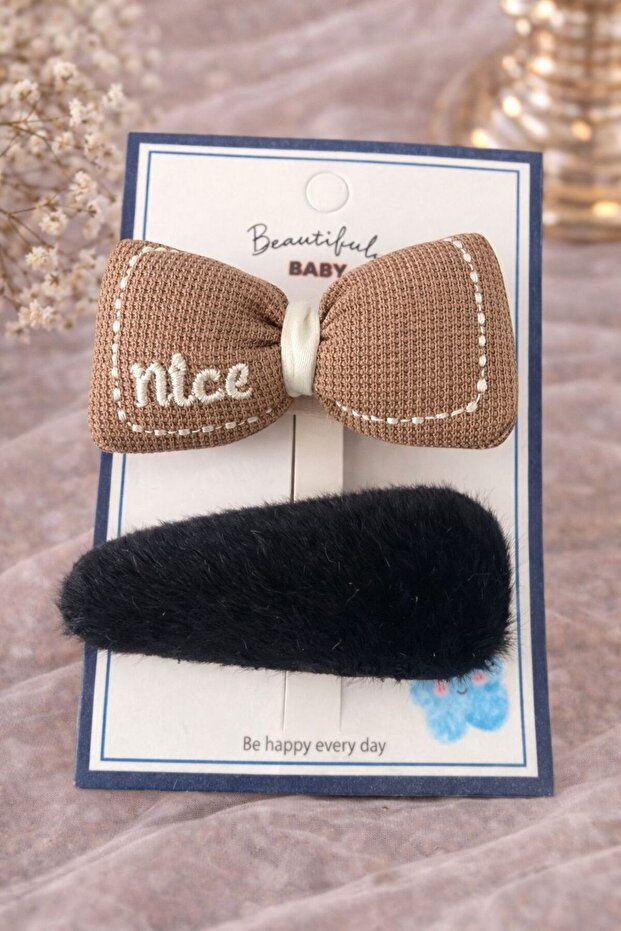 Hei Brown Bow and Black Plush Detailed 2-Piece Luxury Hair Clip Set