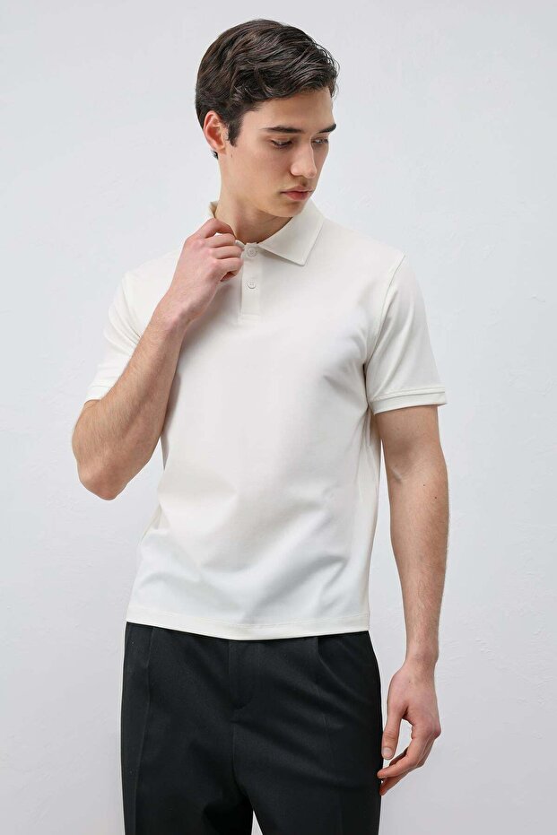 Ecru Lyocell Blended Polo Collar Men's T-Shirt