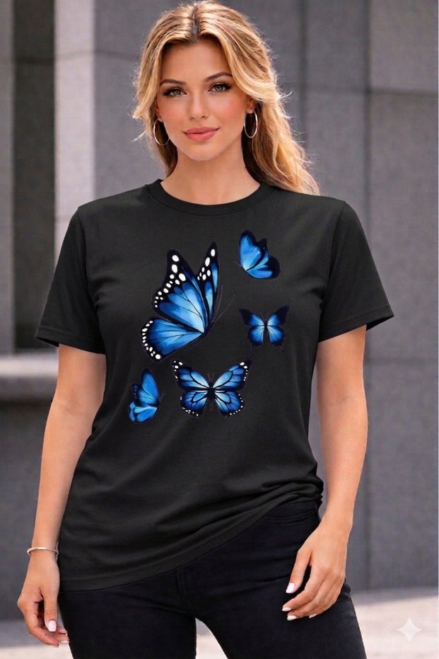 Oversize T-Shirt Blue Butterflies Printed 100% Cotton T-Shirt Comfortable Fit