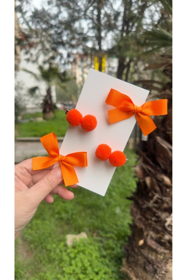 Orange Bonibon Ribbon Pompom Buckle Set (3 - 4 cm Metal Clip Buckle)