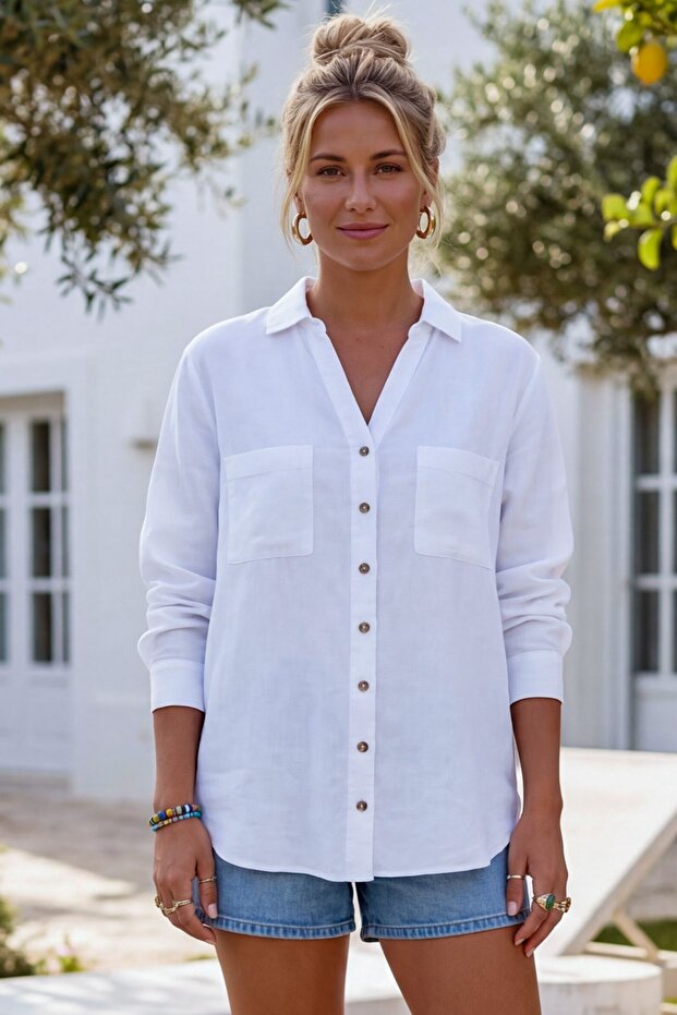 White Shirt Collar Cuffed Sleeves Buttoned Double Pockets Slit Casual Linen Woven Shirt 73 60