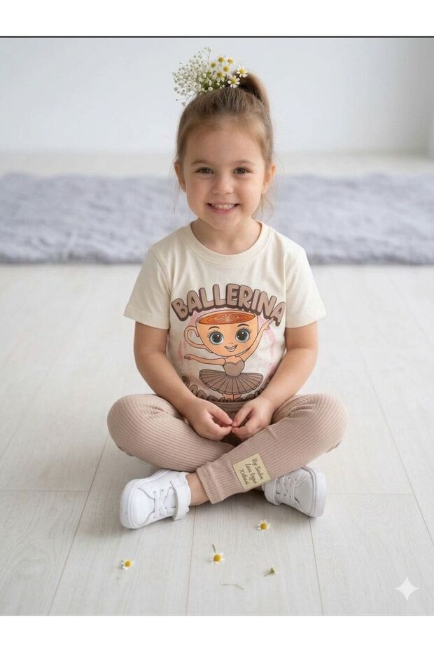 Girl's Ballerina Printed Cotton White Short Sleeve Set
