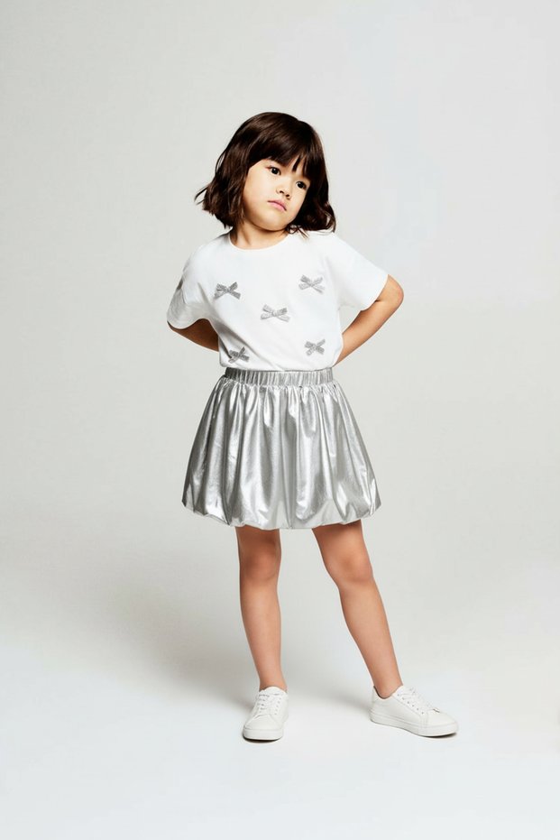 Girl's Cotton White T-Shirt and Skirt Set with Silver Bow Detail