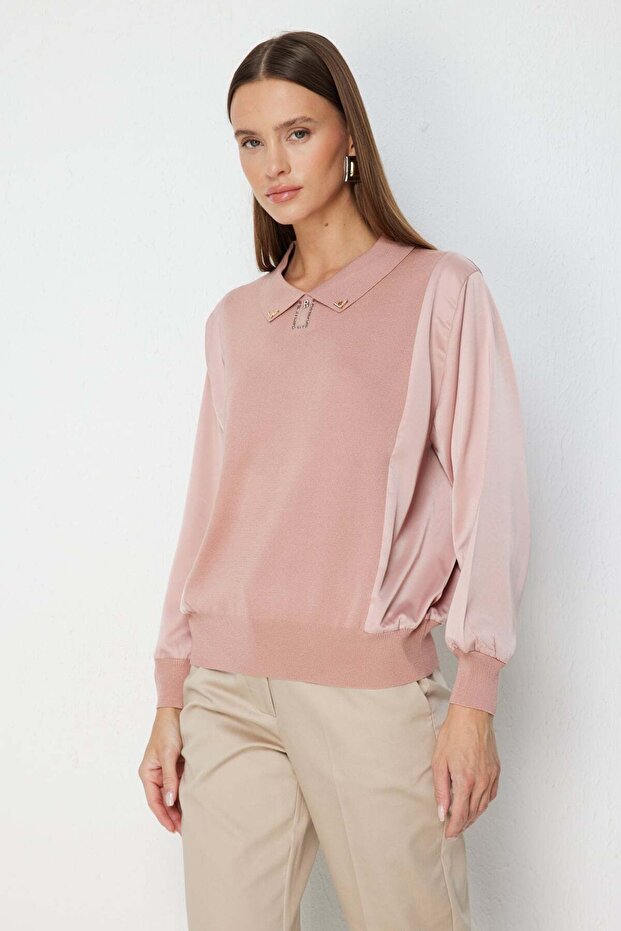 Mixed Fabric Collared Blouse - 2