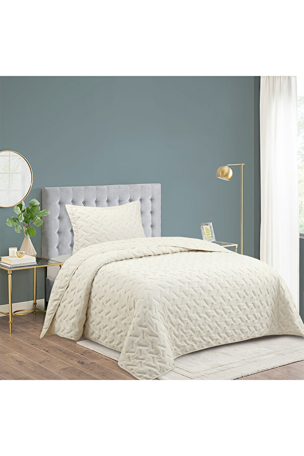Milena Single Bedspread Set 180X240Cm - 100% Polyester Elegant Design with Flounce and Pillows Cream