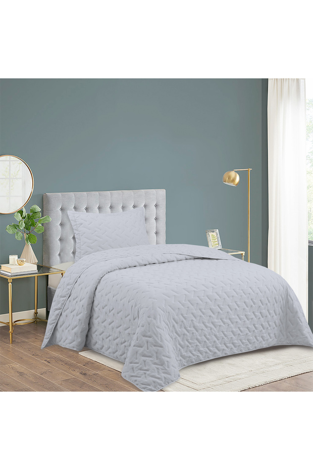 Milena Single Bedspread Set 180X240Cm - with Flounce and Pillow, 100% Polyester, Elegant Design, Gray