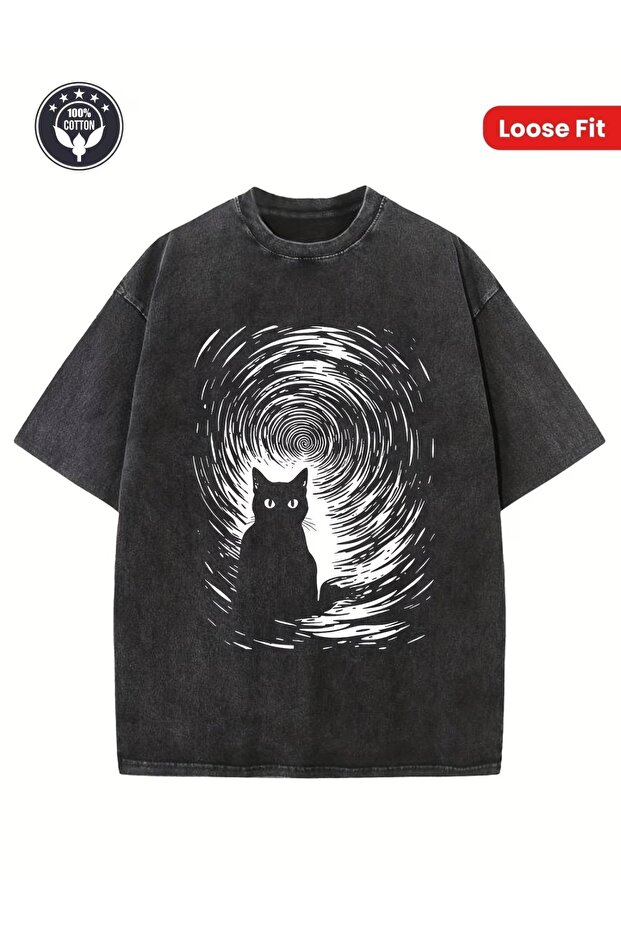 Mysterious Cat Printed Unisex Oversize Washable T-Shirt