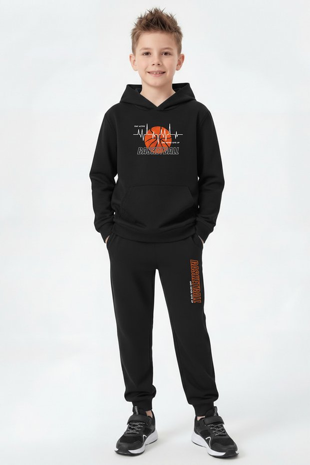 Kangaroo Pocket Hooded Basketball Print Detailed Boys' Tracksuit Set