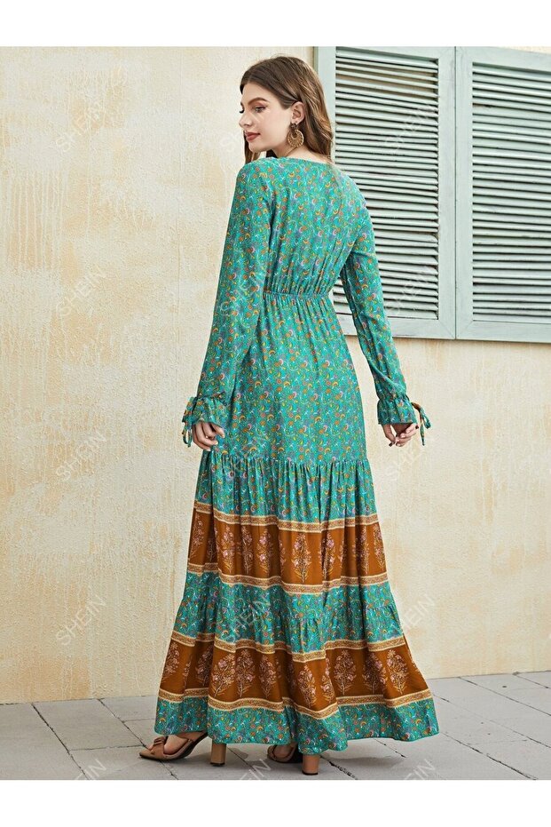 Rochie lungă verde Zelda cu model multicolor - S - 2