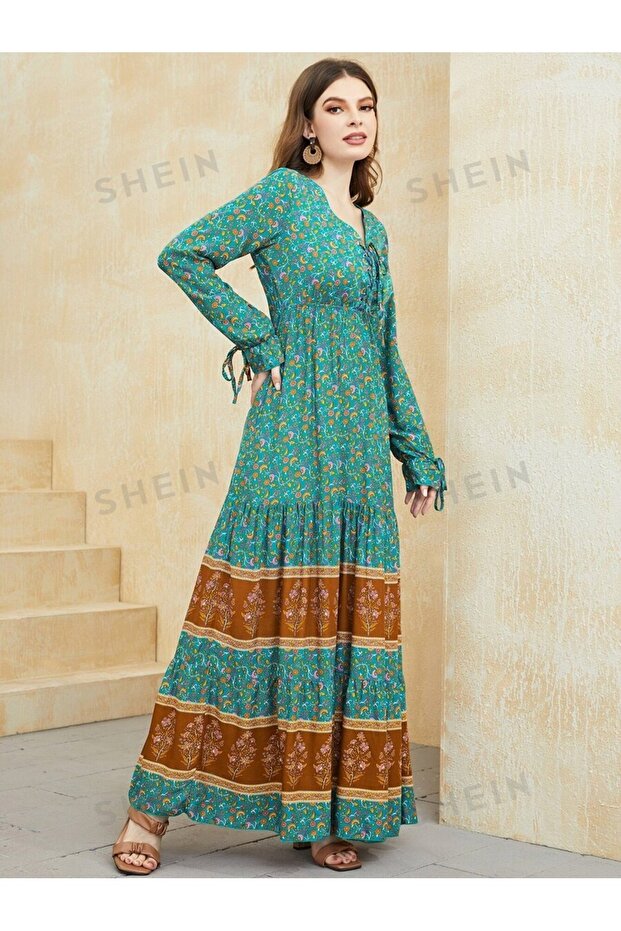 Rochie lungă verde Zelda cu model multicolor - S - 3