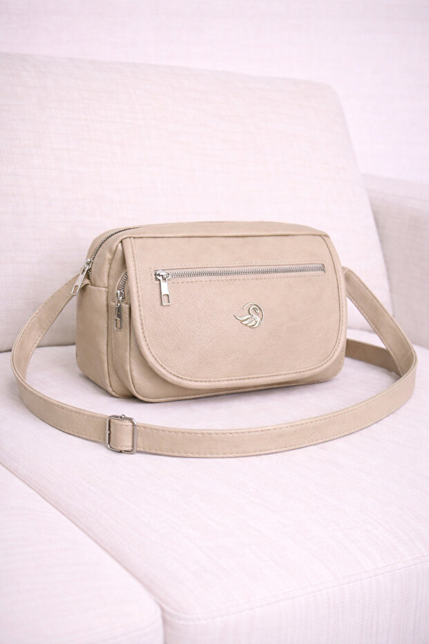 Women's Multi-Compartment Beige Covered Leather Daily Use Crossbody & Shoulder Bag
