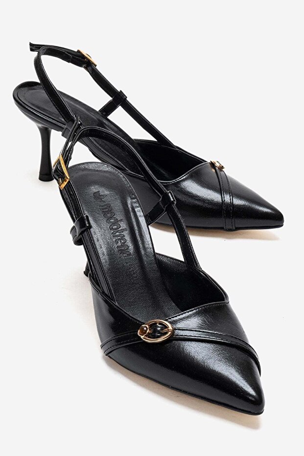 Women's Buckle Open Back Thin Heel Pointed Toe High Heel Shoes Black Wrinkled