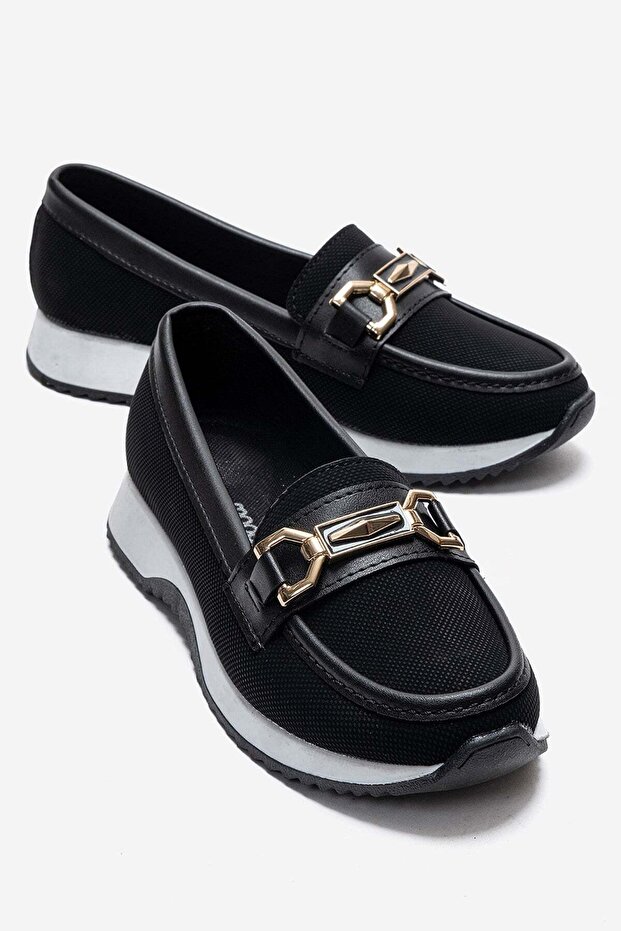 Women's Rectangular Buckle Casual Shoes Black Denim
