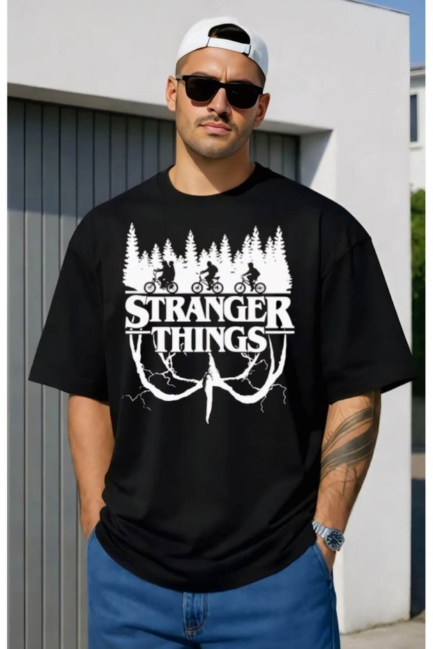 Unisex Men/Women Stranger Printed Oversize Cotton Crew Neck T-Shirt