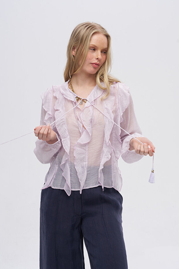 Women's Transparent Blouse with Adjustable Collar and Ruffle Detail