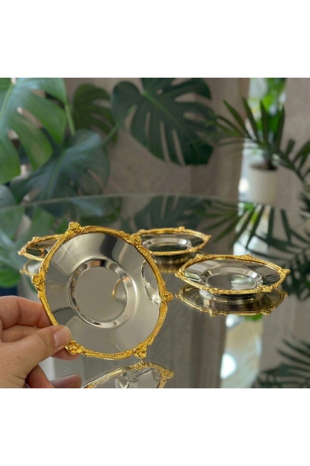 Gold - Silver Decorative Framed Set of 6 Metal Tea Plates – Luxurious Tea Serving Plate