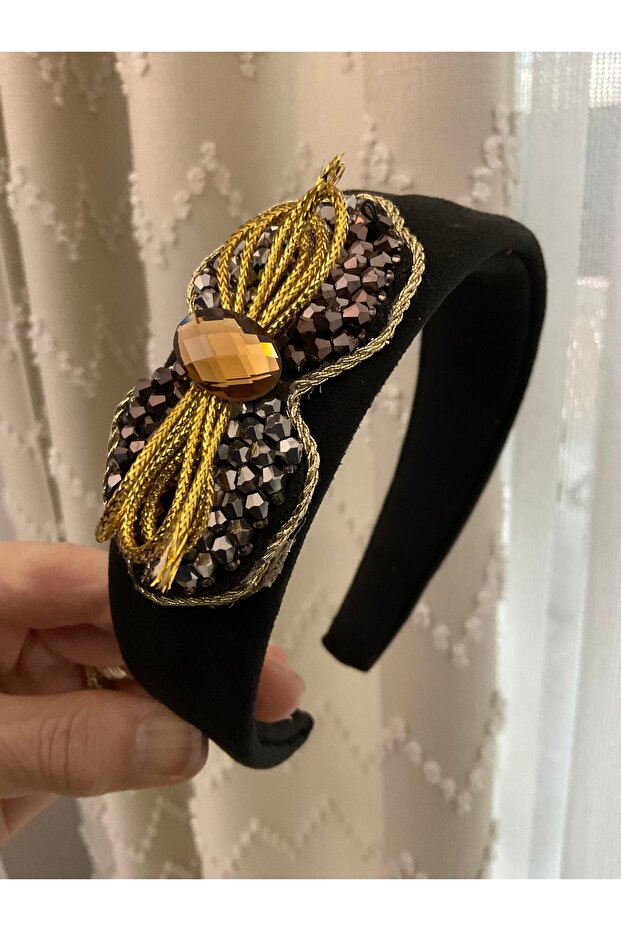 Handmade Crown with Gold Cord and Crystal Stone Embellishments on Black Suede