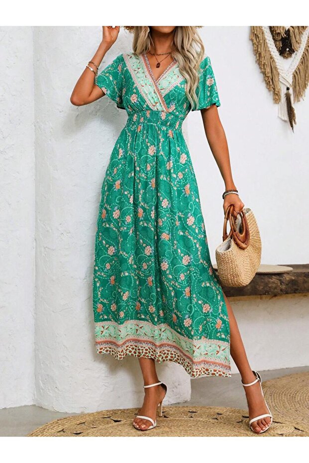 Rochie lungă florală verde Juliet - L