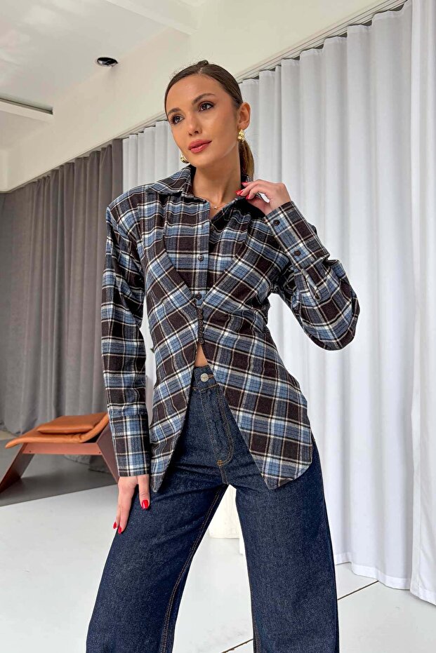 Plaid pattern tie detail women's shirt - navy blue