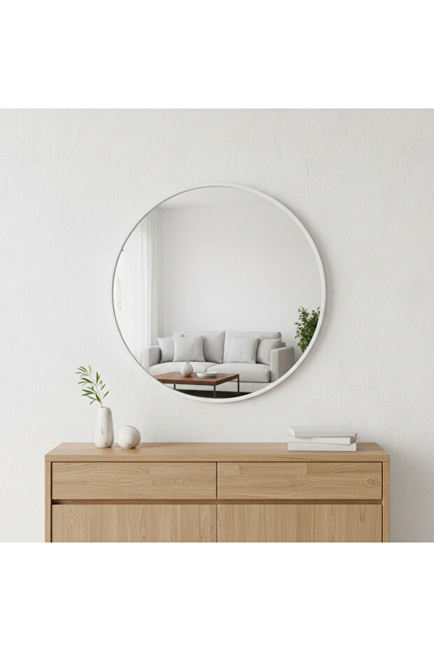 Round Wall Mirror with White Wooden Frame – Bright Modern Touch (80 cm)