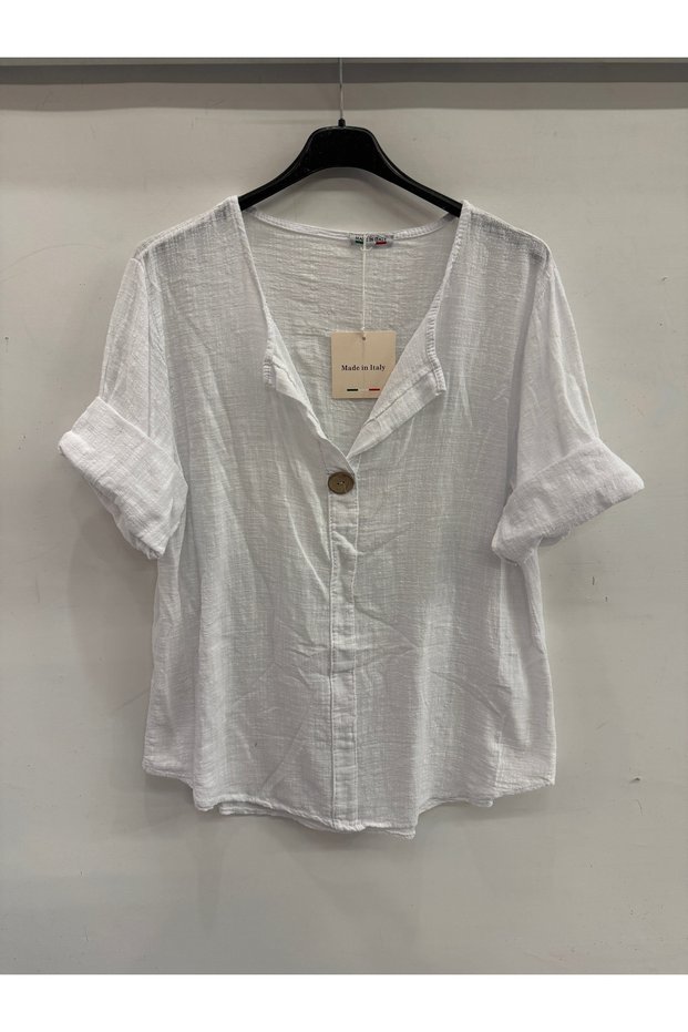 Women's White Italian Open Collar Half Sleeve Oversize Blouse 40 - 44 Size