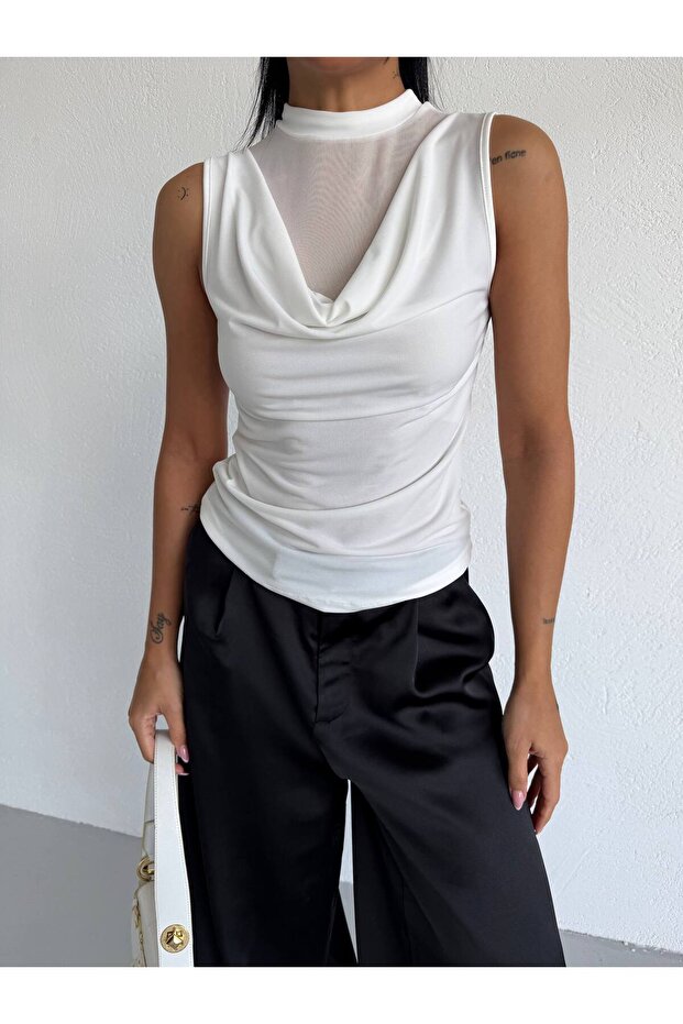 Women's White Front Tulle Draped Zero Sleeve High Neck Sandy Fabric Blouse