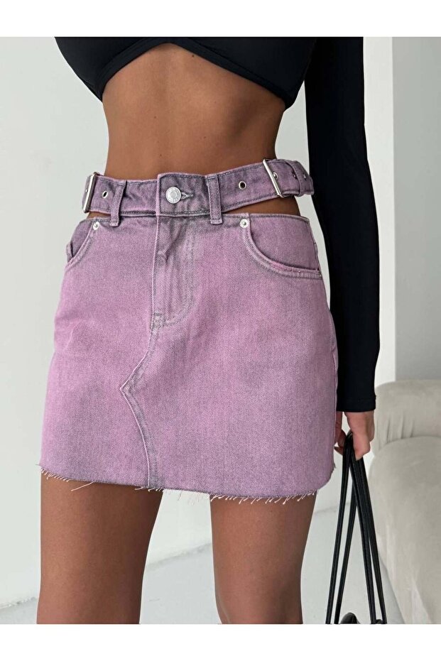 Women's Cut-Out Detailed Belted Jean Mini Skirt - Designer Denim Skirt