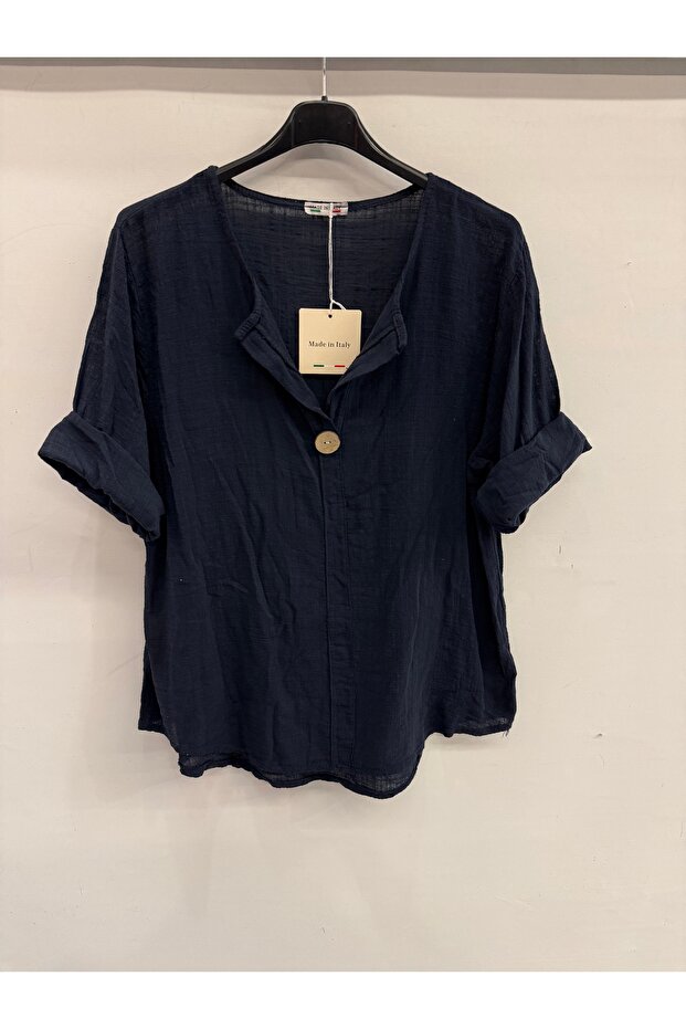 Women's Black Italian Open Collar Half Sleeve Oversize Blouse 40 - 44 Size