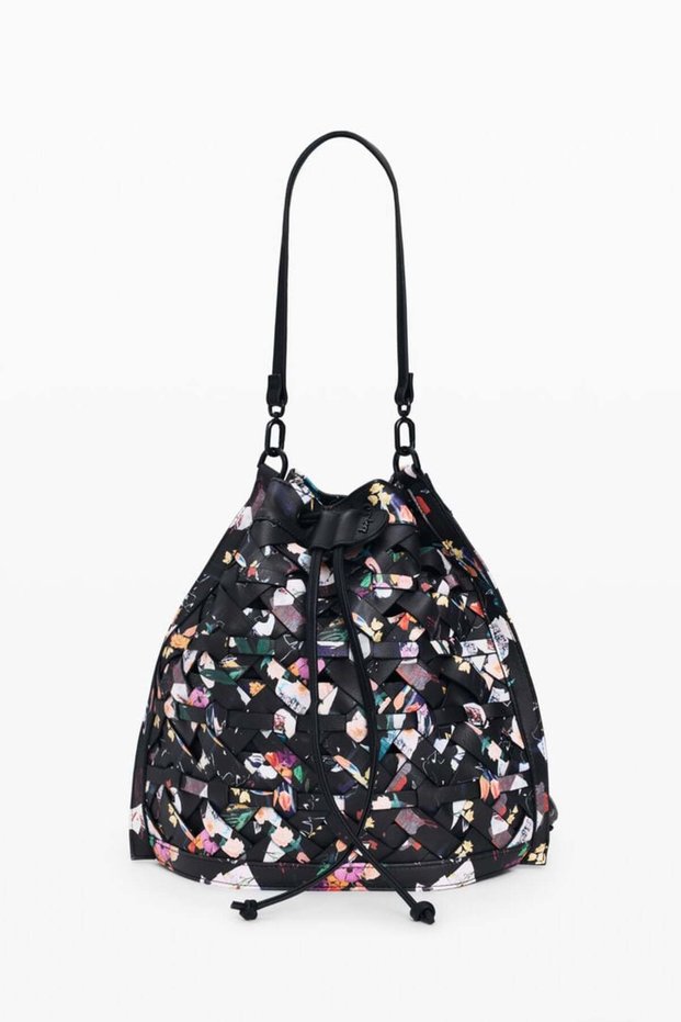 Medium Woven Backpack with flowers
