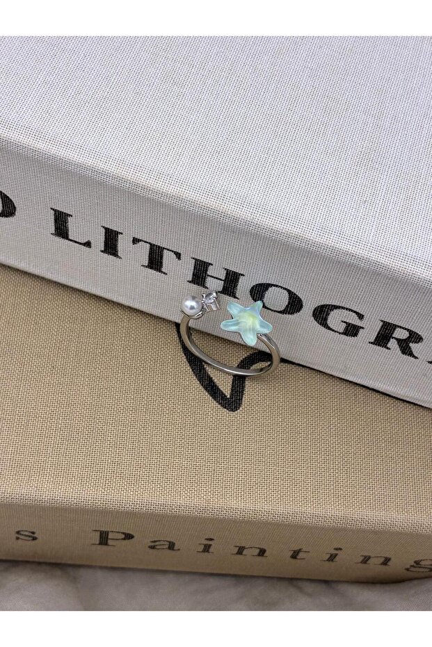 Silver Color Matte Frosted Blue Star, Pearl Detailed Zircon Stone Adjustable Minimal Brass Ring