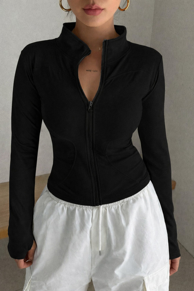 Women's Body-Fitting Zippered Cardigan – Slim Fit High Collar Basic