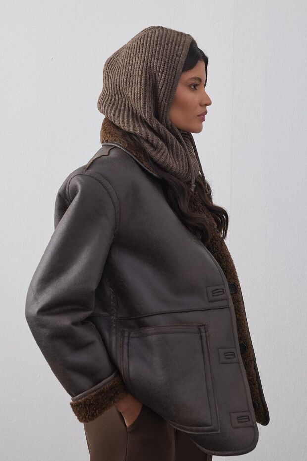 Brown drawstring balaclava beanie headgear