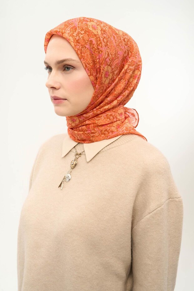 Eșarfă Tencel Monare cu model margarete, portocaliu închis 90X90 - 3
