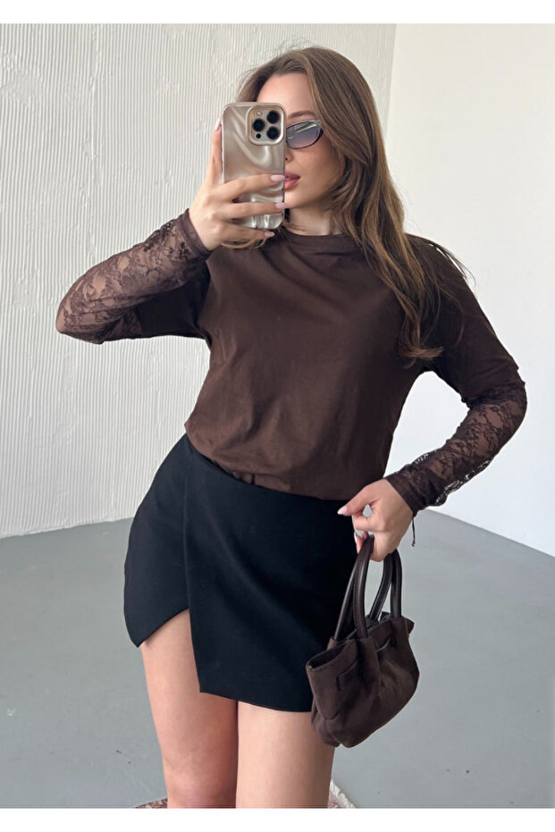 Women's Brown Lace Sleeve T-Shirt
