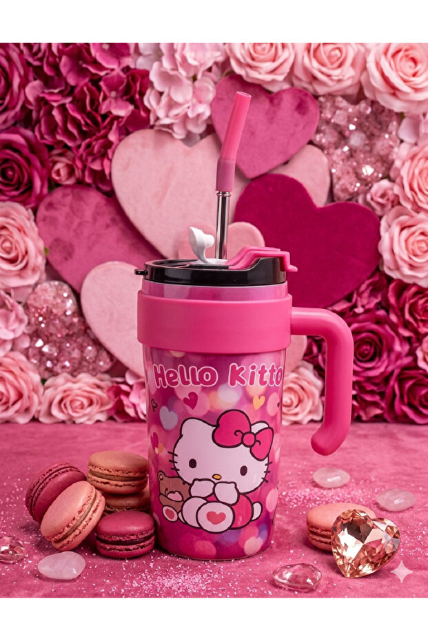 Steel Thermos Cup with Straw 900ml - Leak-Proof Mug with Hello Kitty, Pikachu, Stitch Designs
