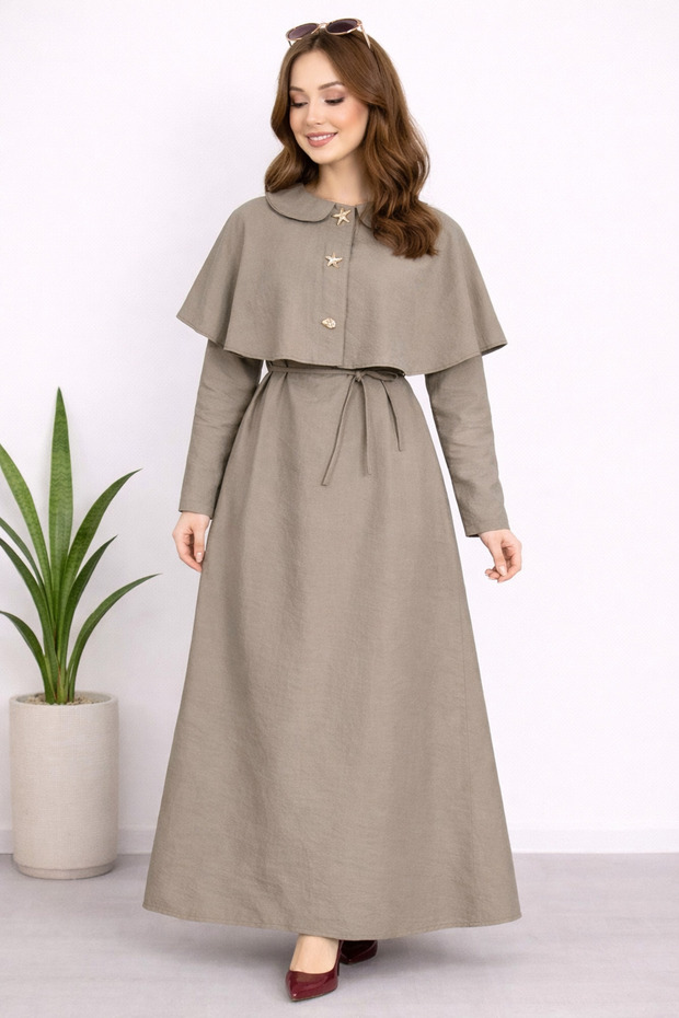 Women's Detachable Cape Detailed Gold Button Dress Sb0013