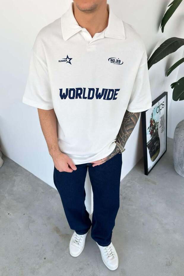 White World Wide Printed Polo Neck T-Shirt