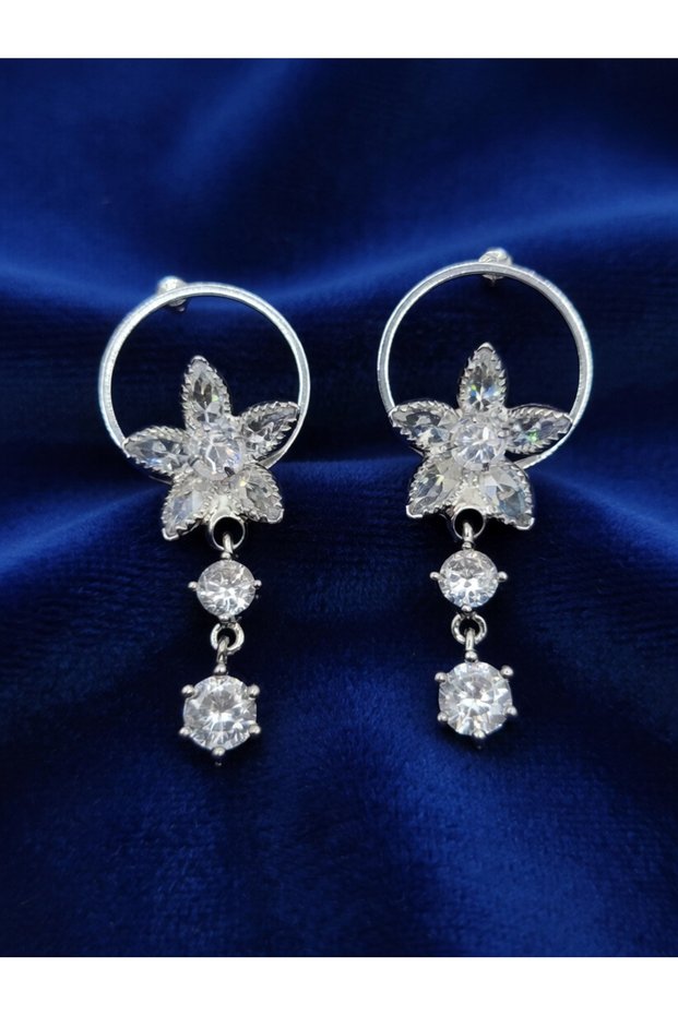 Silver Color Large Floral Zircon Stone Hoop Dangle Steel Earrings - Tarnish Resistant